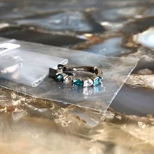 NWT Aquamarine blue and diamond stones small hoop earrings sterling silver